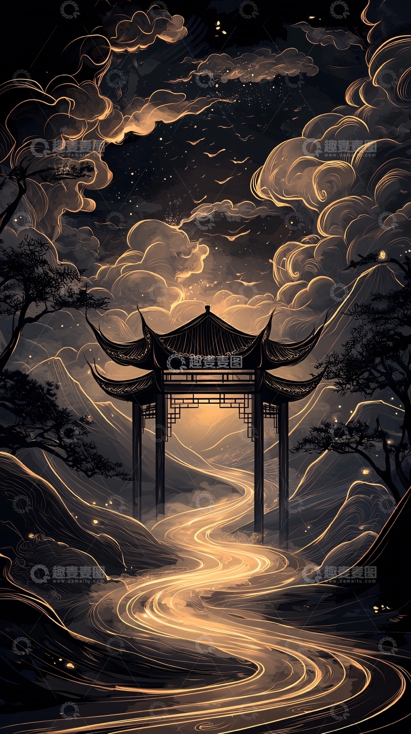 高清大图下载【趣麦麦图】夜色中的古亭与流光