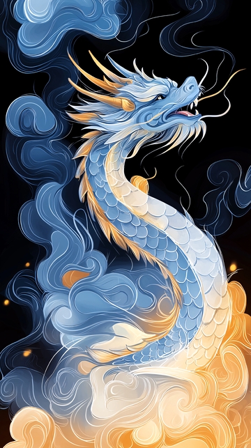 蓝色龙与云雾的艺术插画