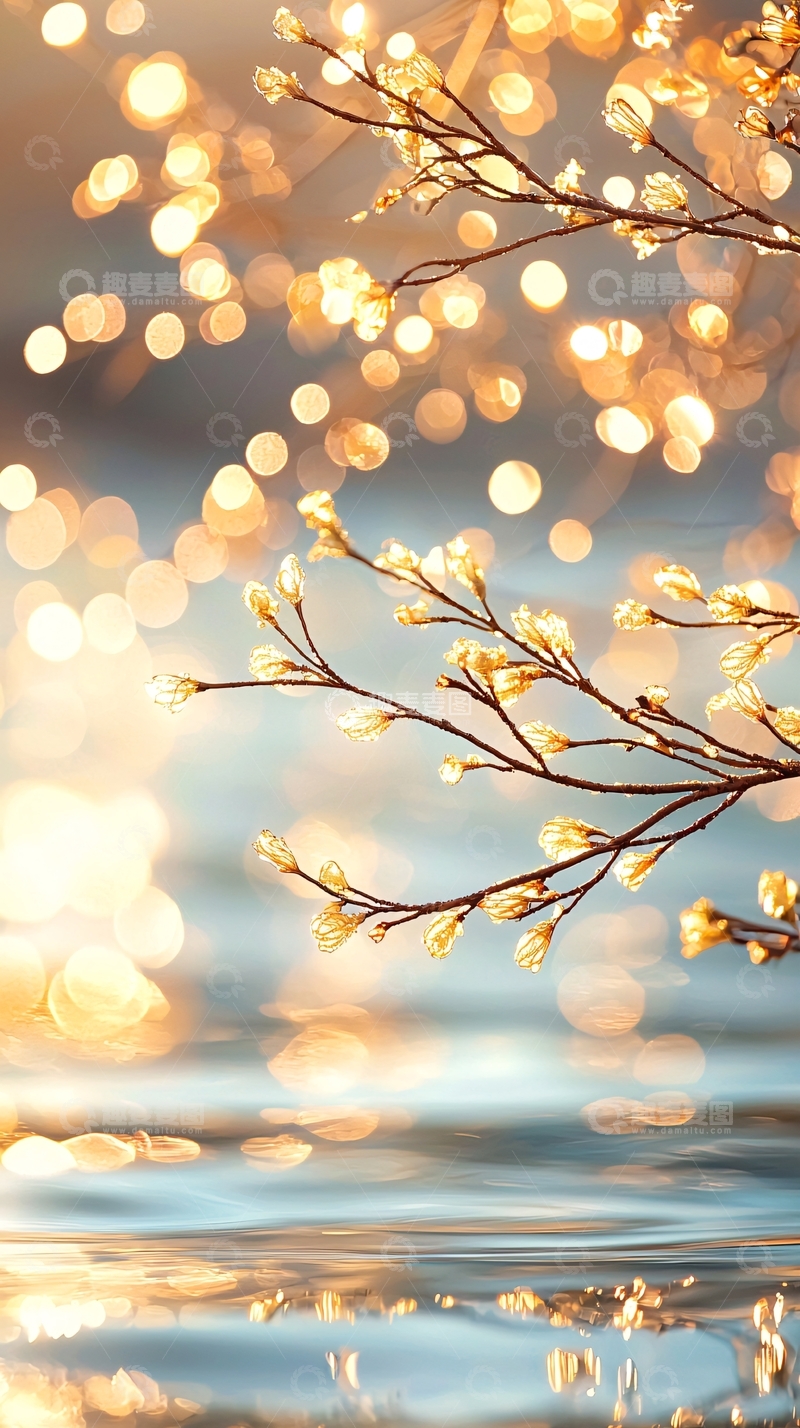 高清大图下载【趣麦麦图】金色树枝与水面光斑