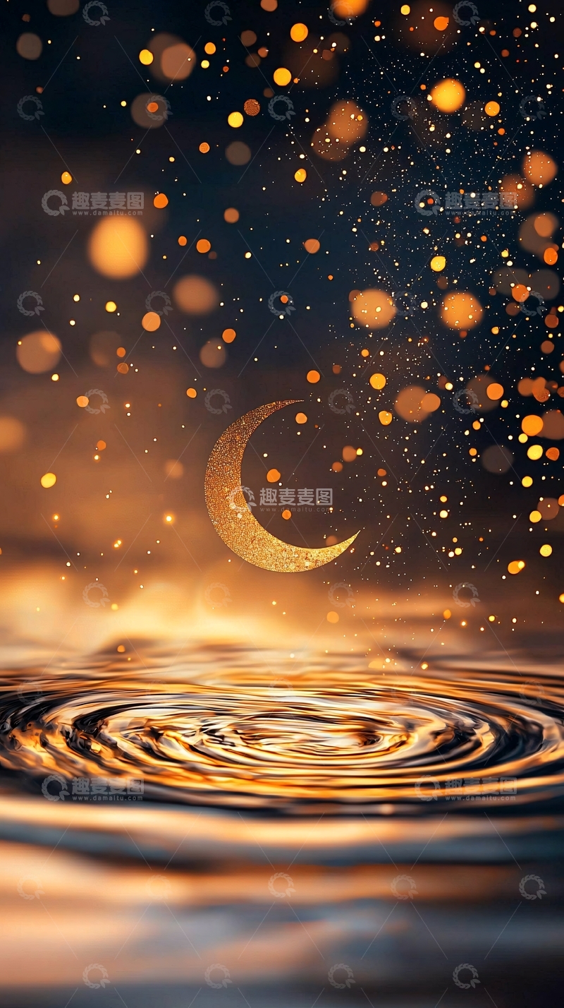 高清大图下载【趣麦麦图】金色月牙与水波的梦幻夜景