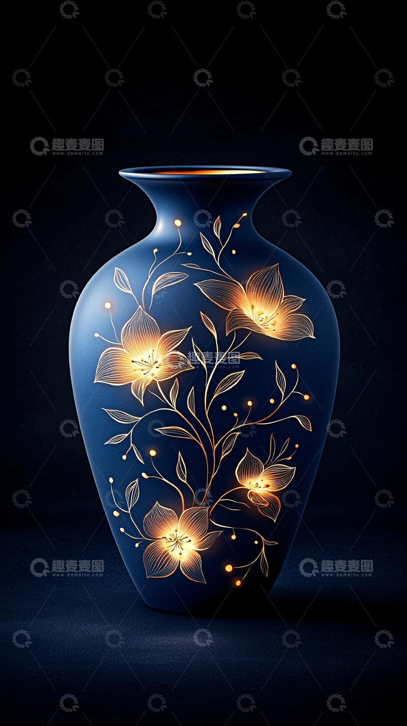 高清大图下载【趣麦麦图】蓝色花瓶上的金色花卉图案
