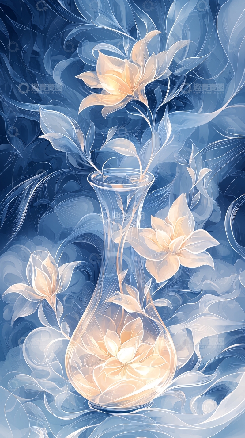 高清大图下载【趣麦麦图】梦幻蓝色花瓶插花艺术