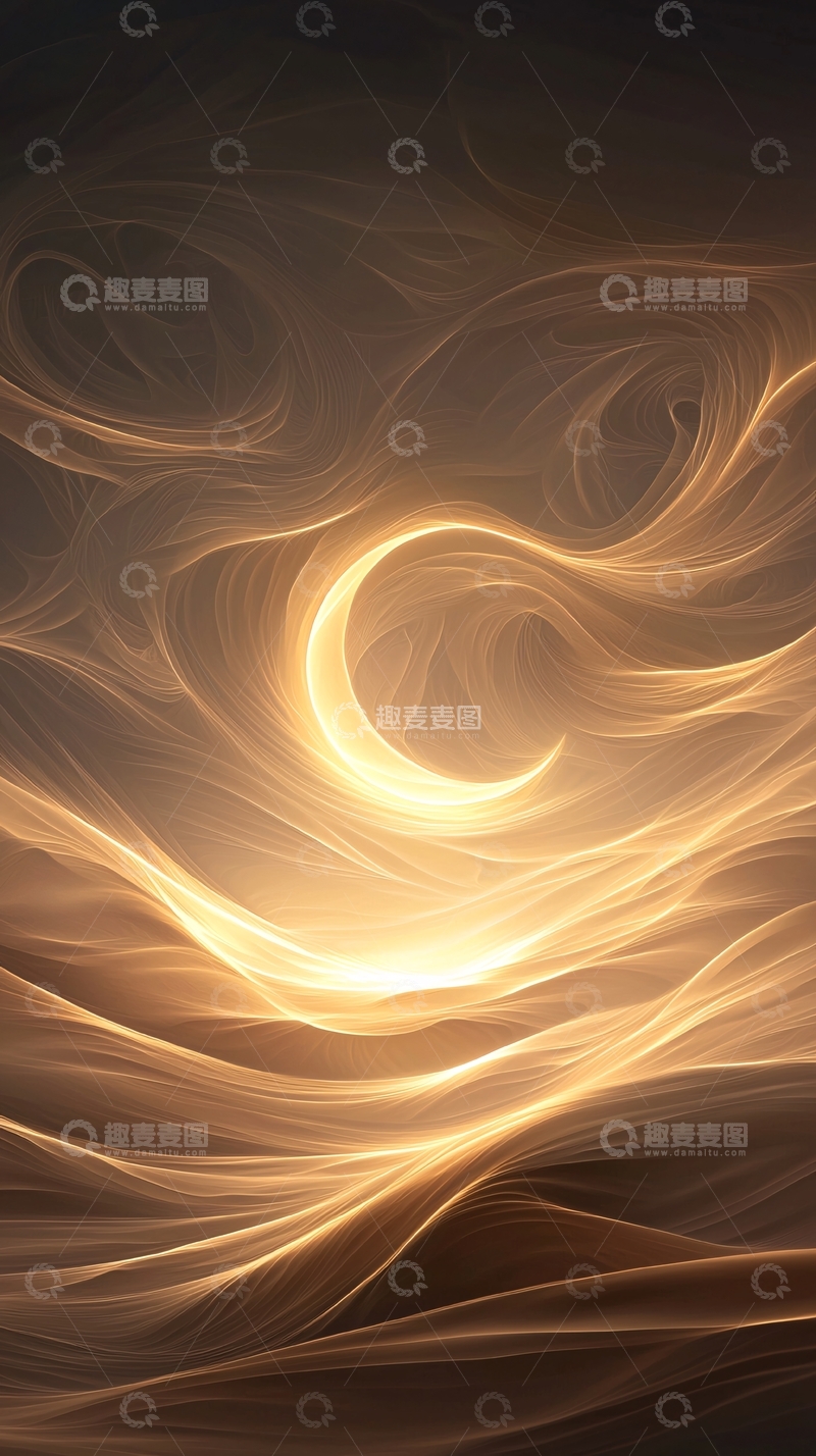 高清大图下载【趣麦麦图】金色波浪与月亮的艺术抽象背景