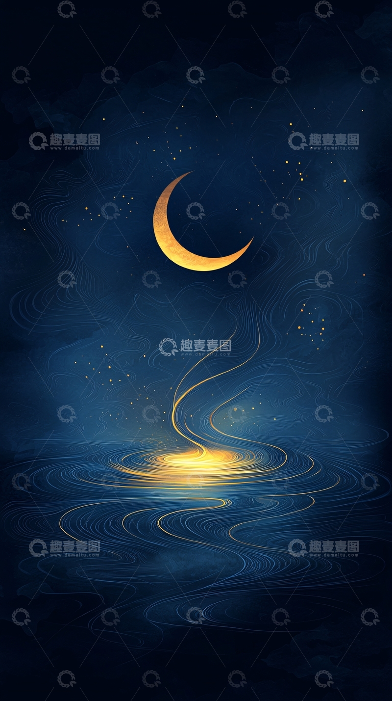 高清大图下载【趣麦麦图】夜空中的月亮与波纹