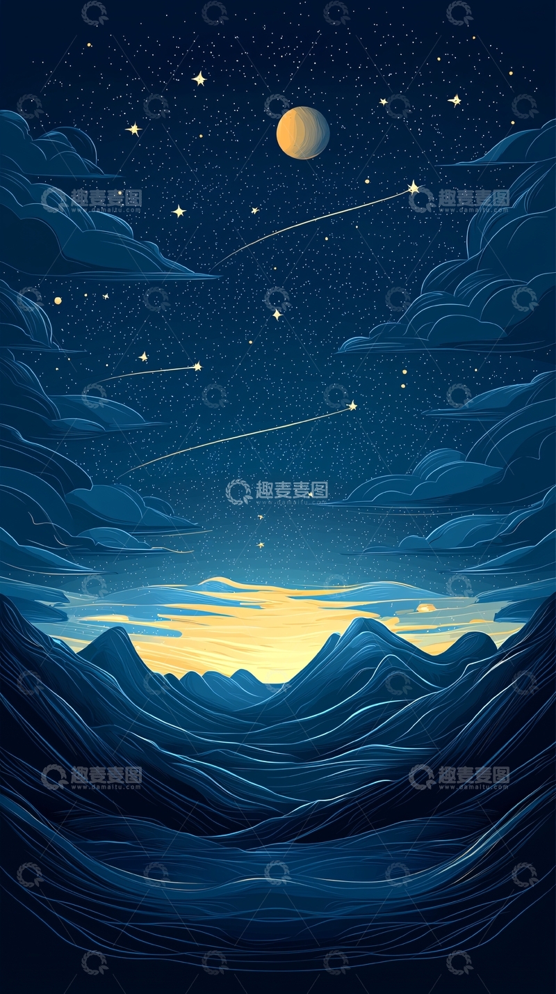 高清大图下载【趣麦麦图】夜空下的山脉与流星