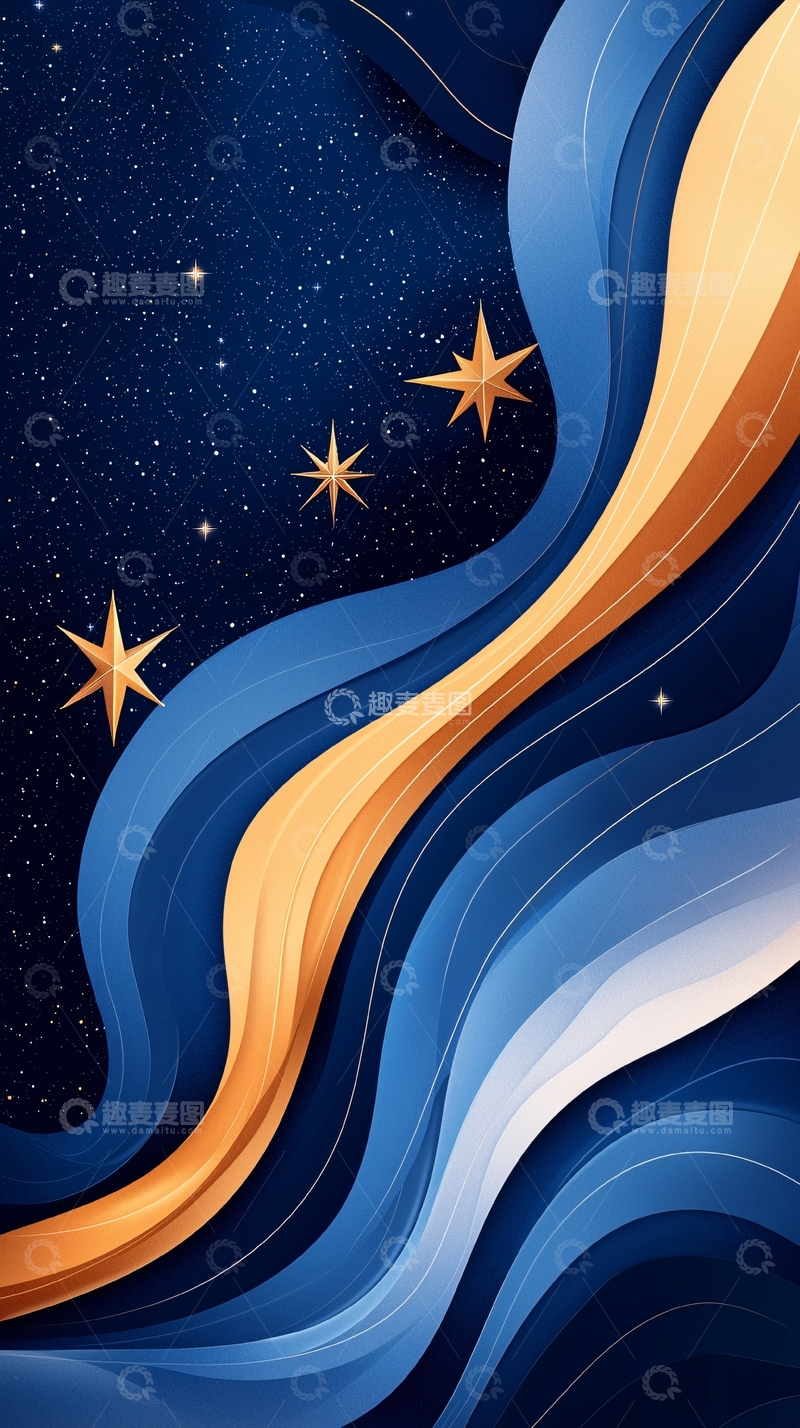 高清大图下载【趣麦麦图】夜空星星流动曲线背景