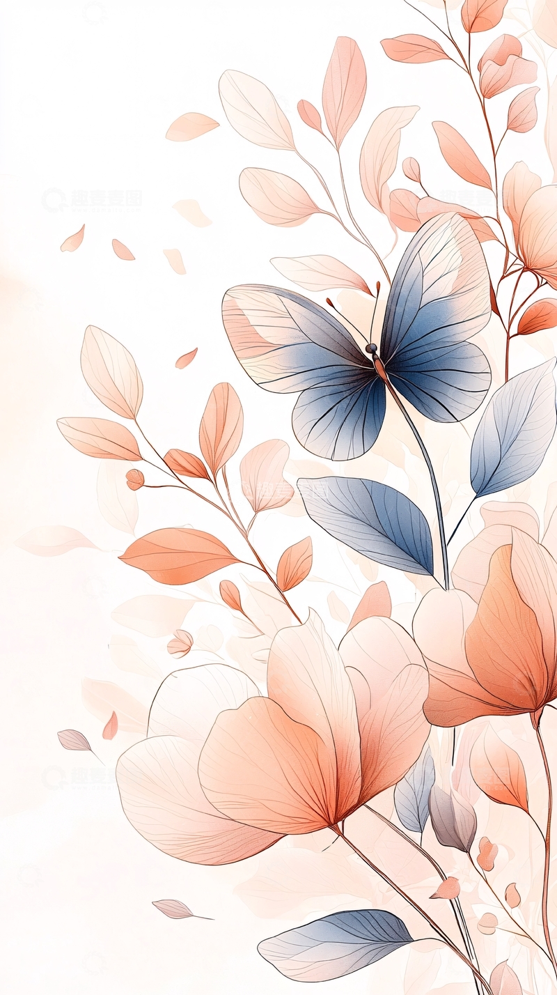 高清大图下载【趣麦麦图】秋日蝴蝶与花朵插画背景