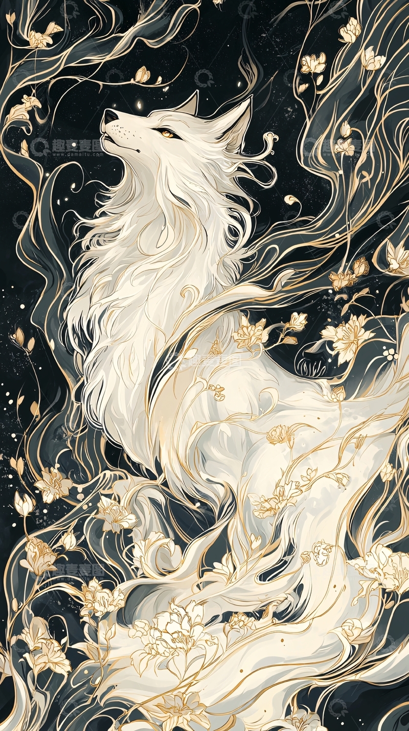 高清大图下载【趣麦麦图】梦幻森林中的白狼