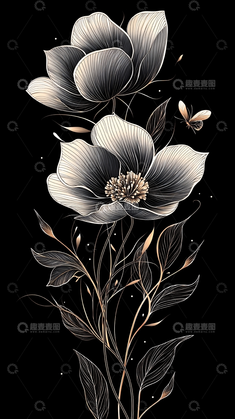 高清大图下载【趣麦麦图】黑色背景下的花卉插画