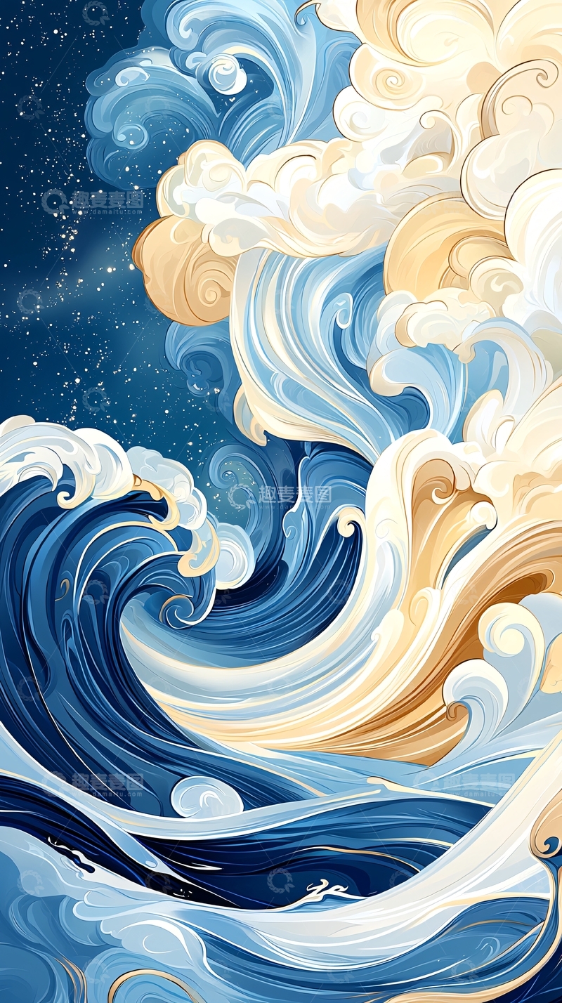 高清大图下载【趣麦麦图】梦幻海洋波浪与云彩