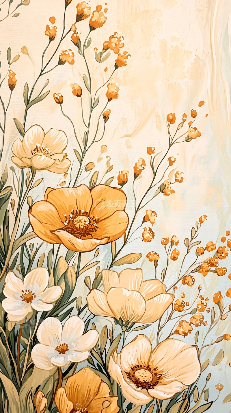 高清大图下载【趣麦麦图】橙色花朵手绘插画背景