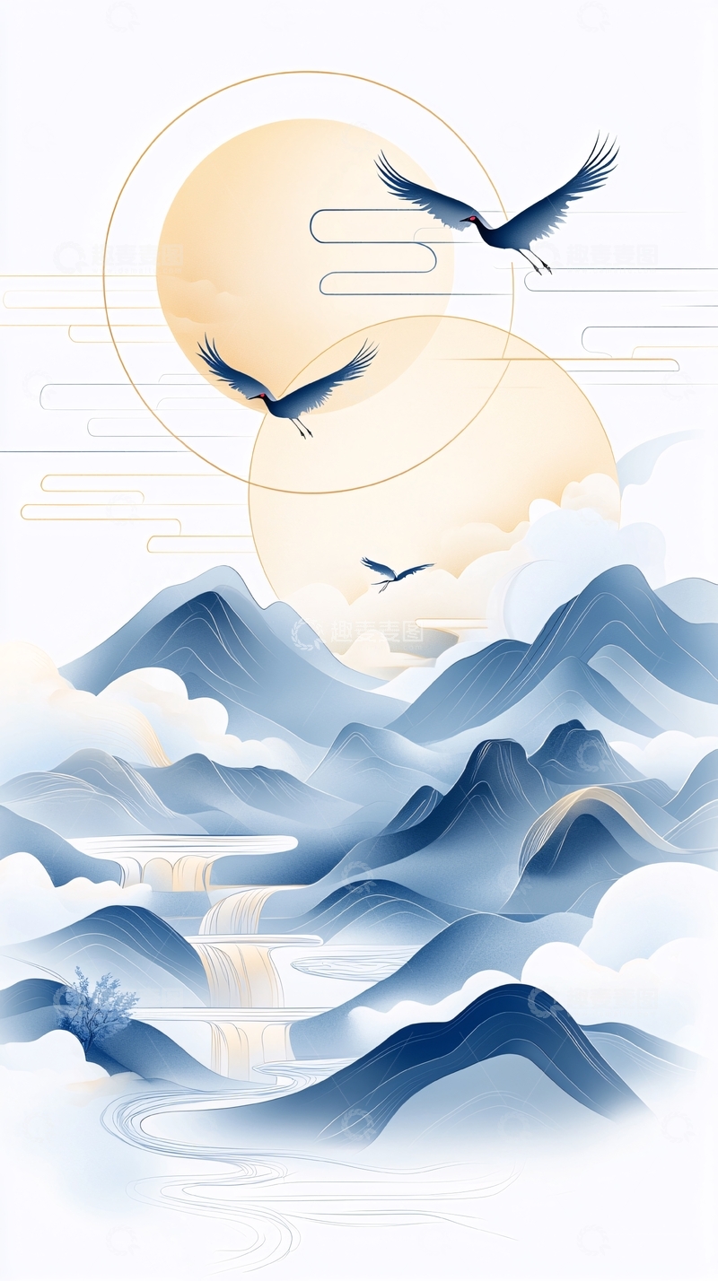 高清大图下载【趣麦麦图】山川云鹤图高清图片
