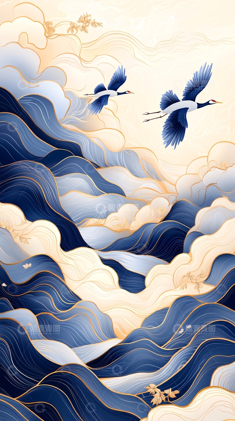 高清大图下载【趣麦麦图】飞鹤云海古风插画