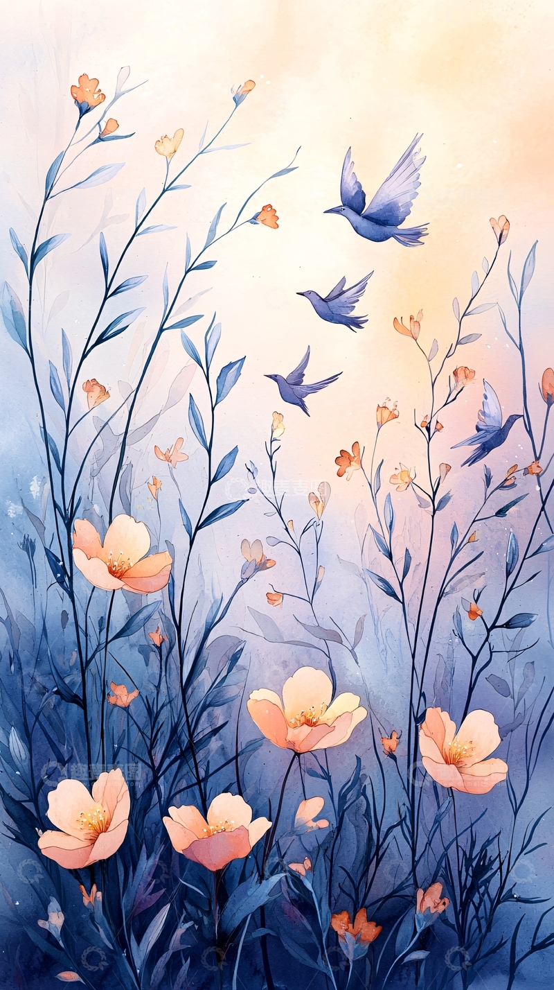 高清大图下载【趣麦麦图】蓝色天空下的花鸟插画