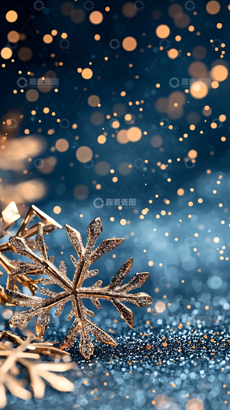 高清大图下载【趣麦麦图】金色雪花与蓝色光斑背景