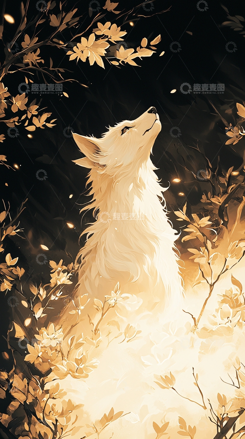 高清大图下载【趣麦麦图】秋夜森林中的白狼