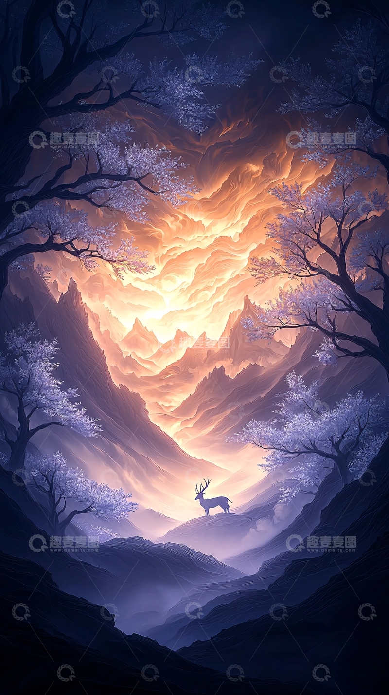 高清大图下载【趣麦麦图】冬日山间鹿影