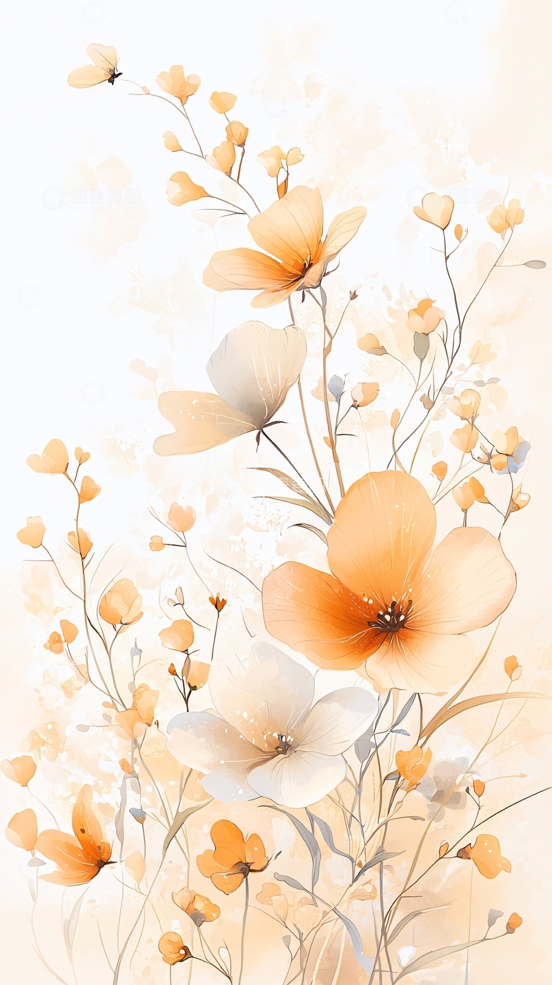 高清大图下载【趣麦麦图】橙色花卉手绘插画背景