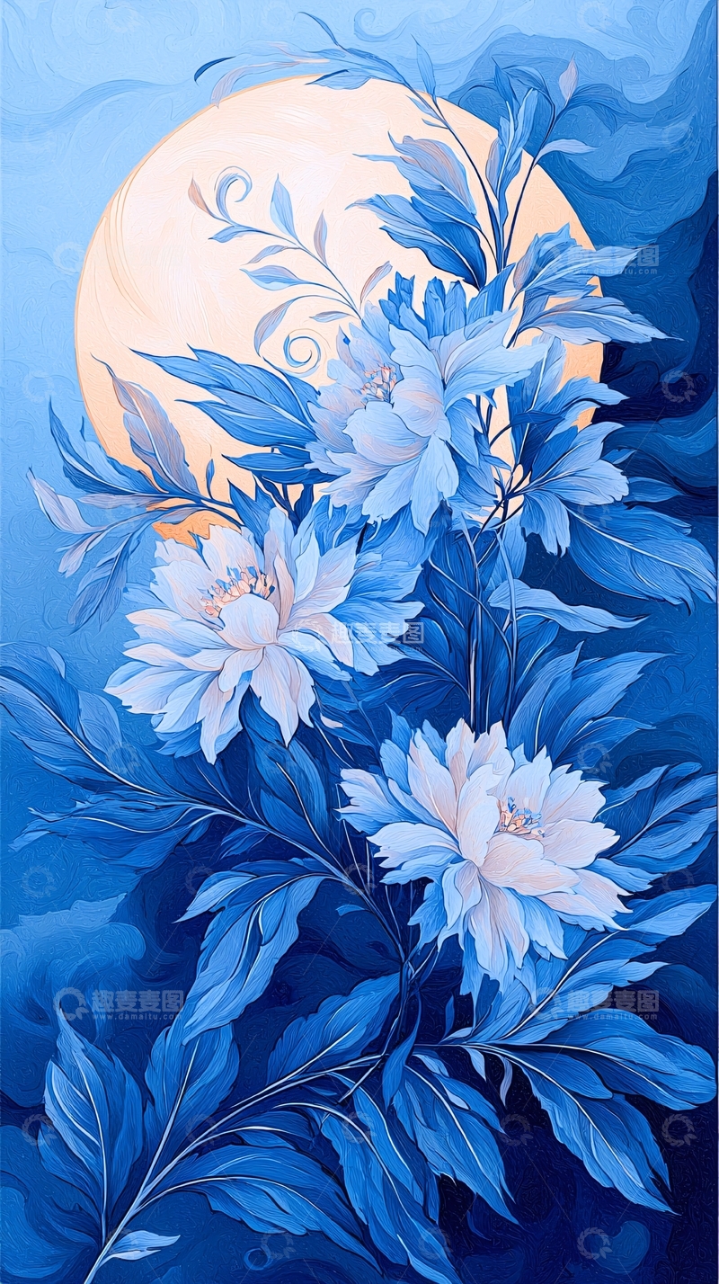 高清大图下载【趣麦麦图】蓝色花卉与月亮背景插画