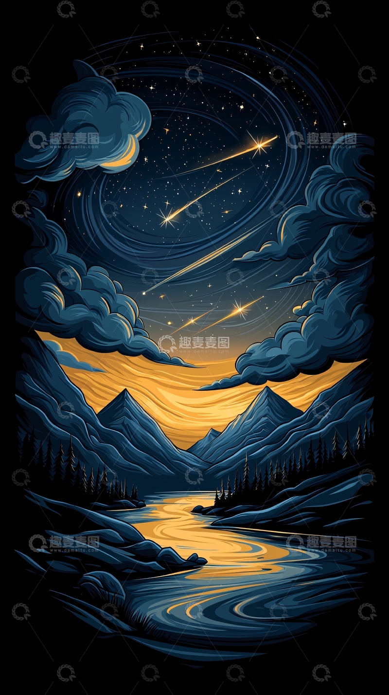 高清大图下载【趣麦麦图】夜空流星河山风景图