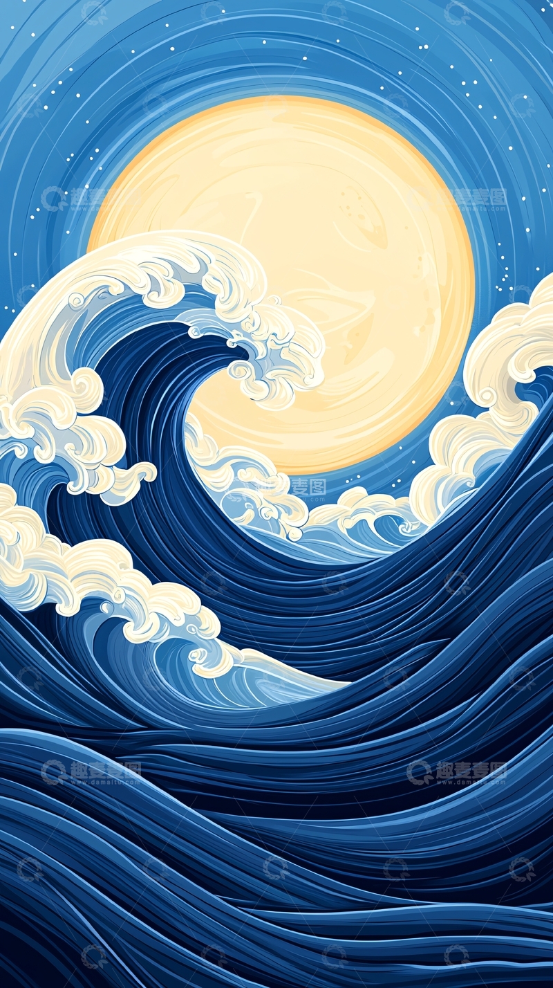 高清大图下载【趣麦麦图】月光下的海浪插画
