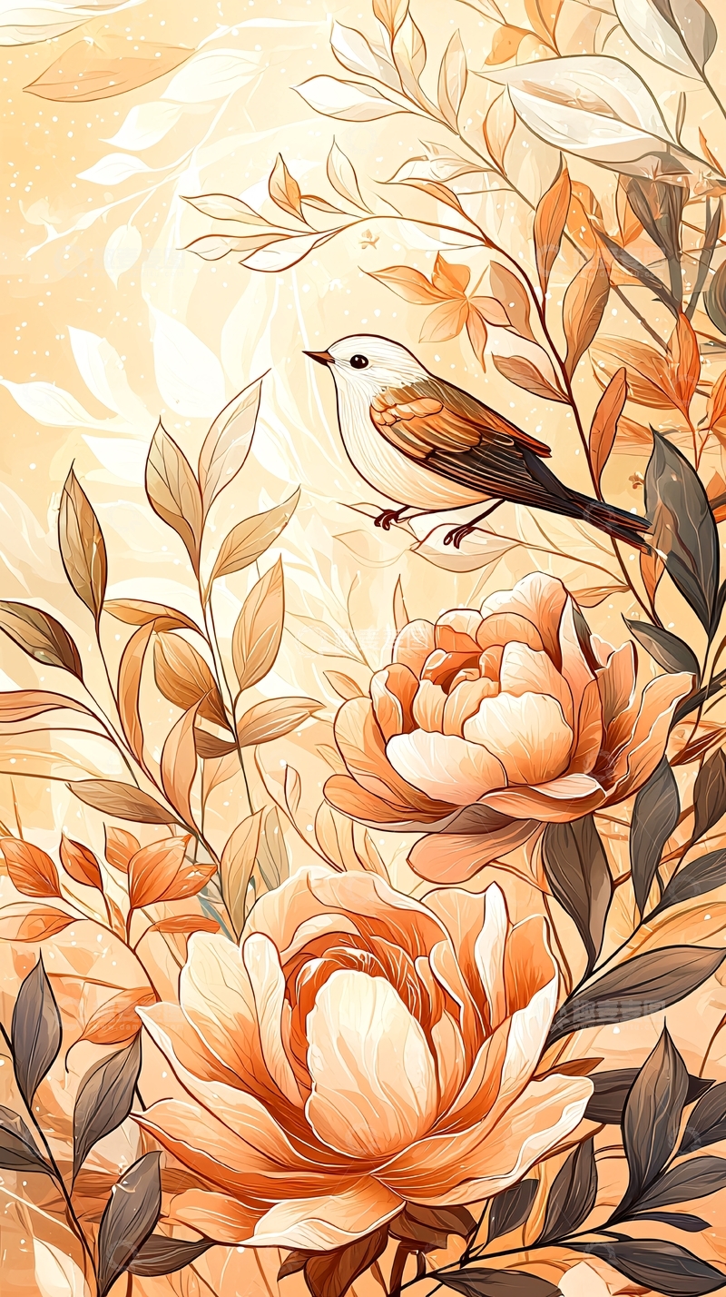 高清大图下载【趣麦麦图】秋日花鸟插画背景图