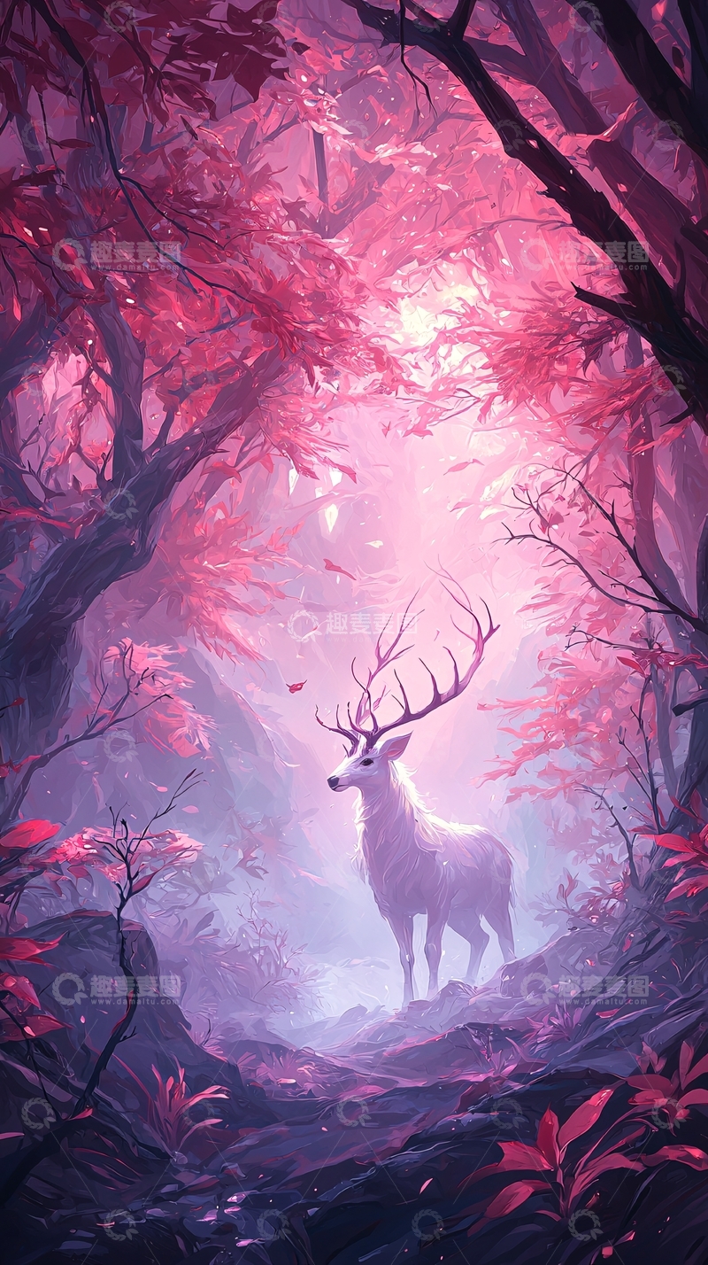 高清大图下载【趣麦麦图】梦幻森林中的白鹿
