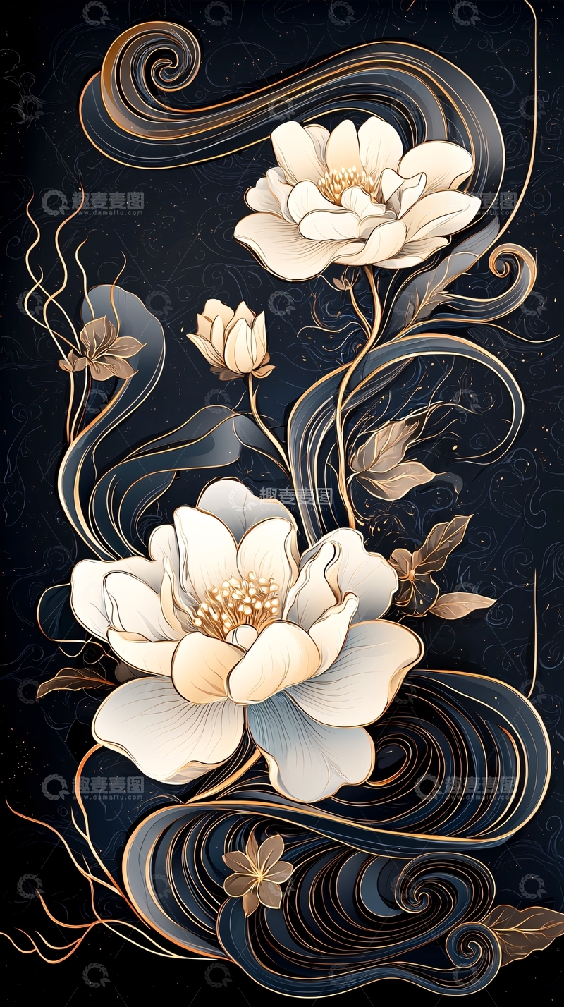 高清大图下载【趣麦麦图】金色花卉艺术插画背景