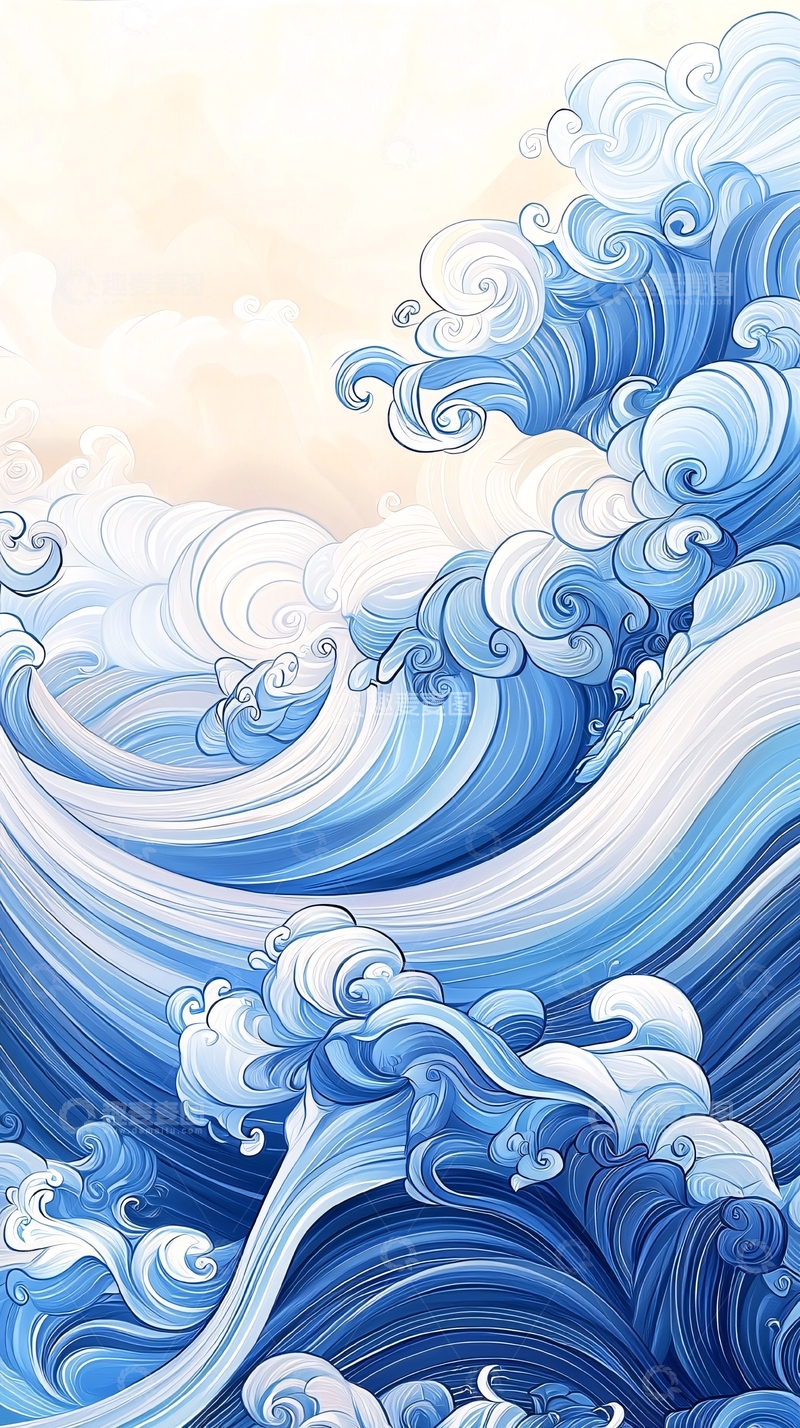 高清大图下载【趣麦麦图】蓝色海浪动态艺术插画