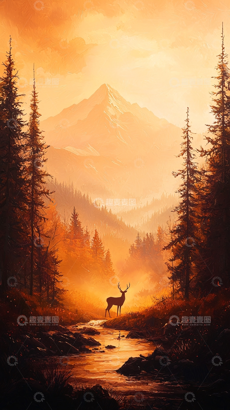 高清大图下载【趣麦麦图】晨曦中的山林小溪与鹿