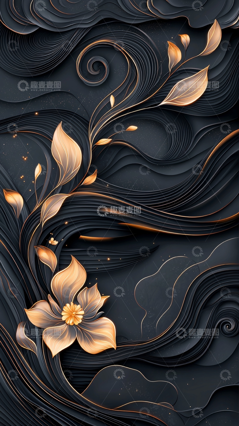 高清大图下载【趣麦麦图】金色花卉与黑色波浪背景