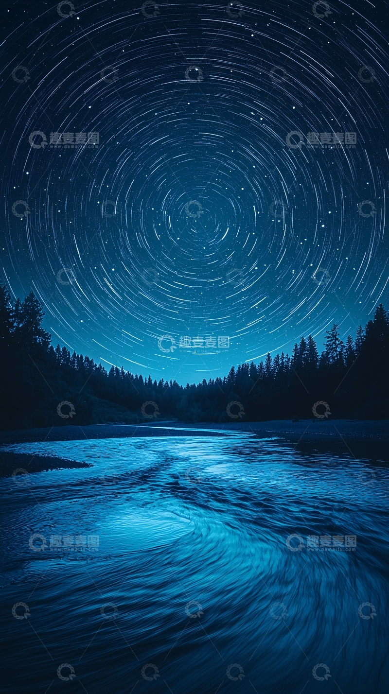 高清大图下载【趣麦麦图】夜空星轨下的河流