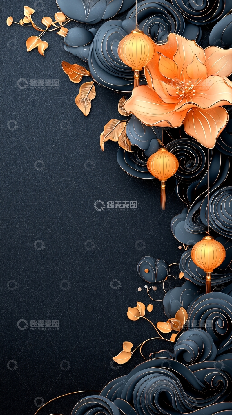 高清大图下载【趣麦麦图】中国风灯笼花卉背景图