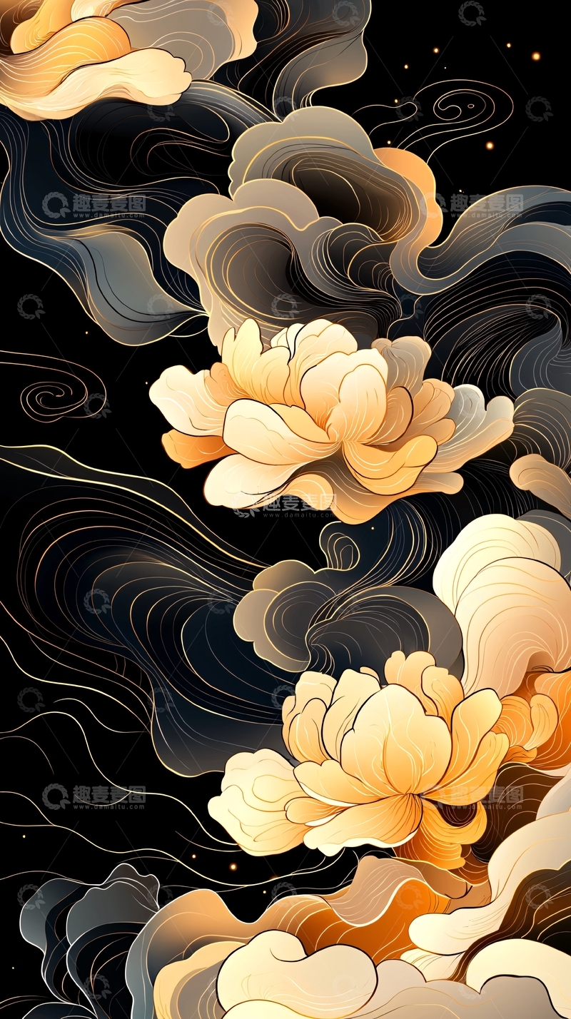 高清大图下载【趣麦麦图】金色牡丹花与云雾背景