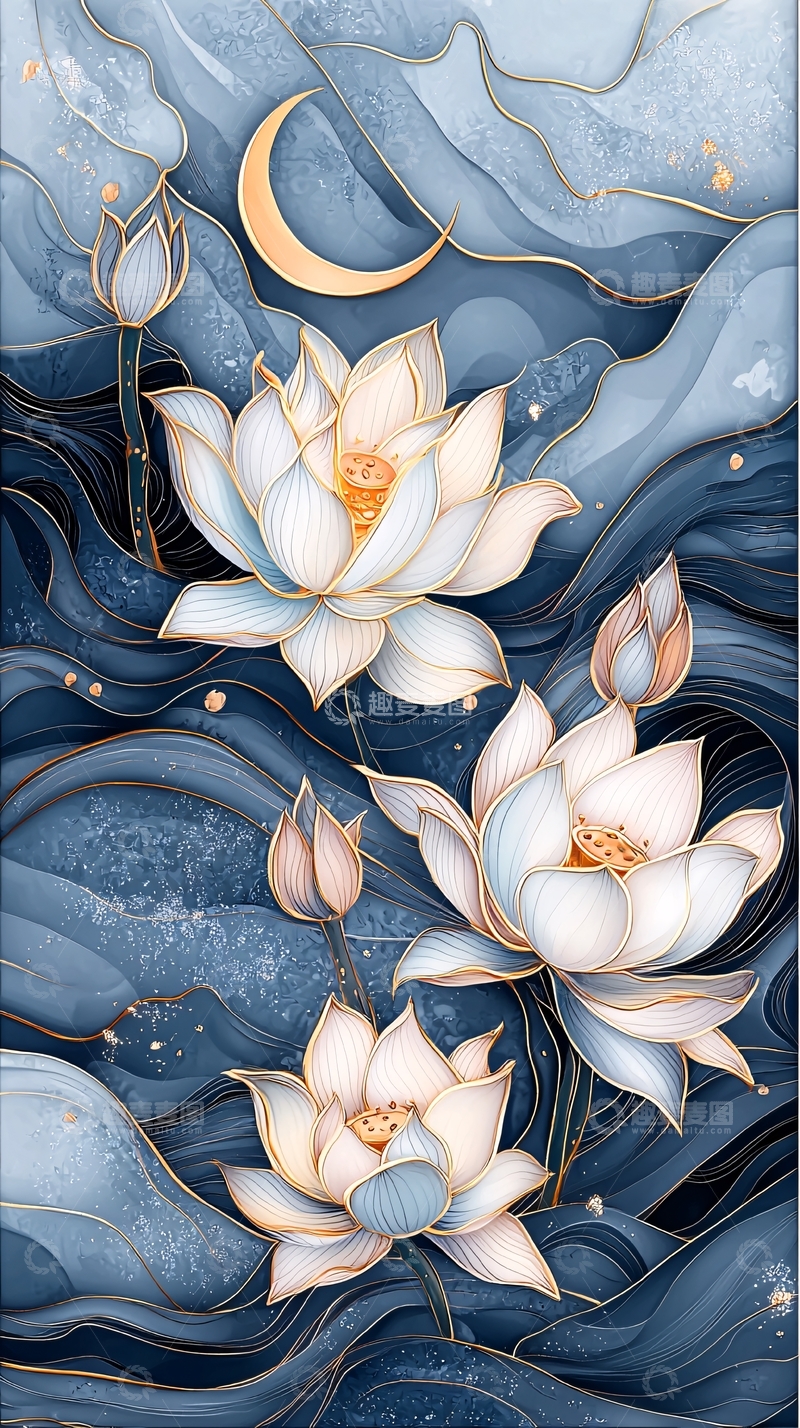 高清大图下载【趣麦麦图】梦幻莲花与月亮背景插画