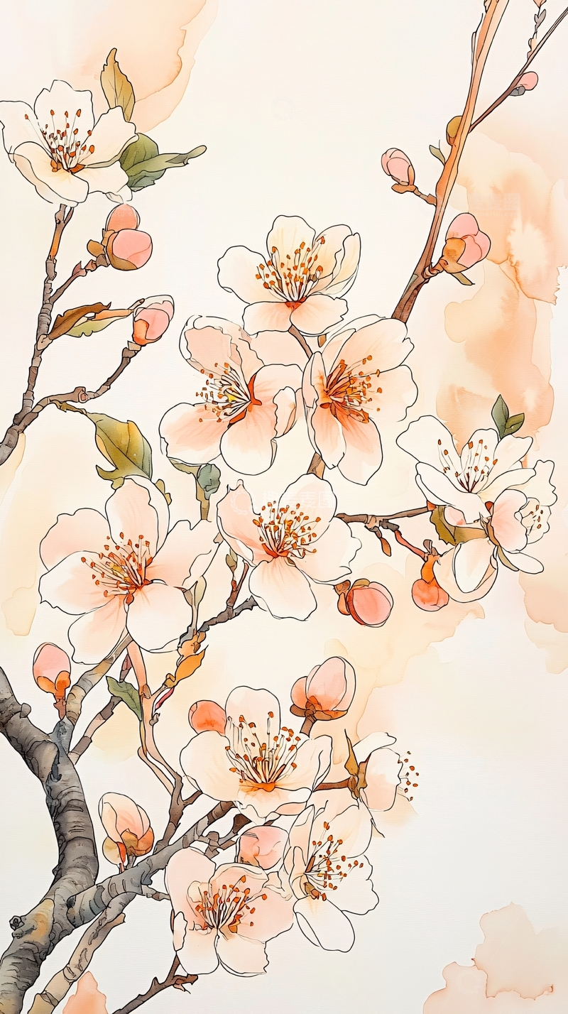 高清大图下载【趣麦麦图】桃花盛开手绘插画背景图