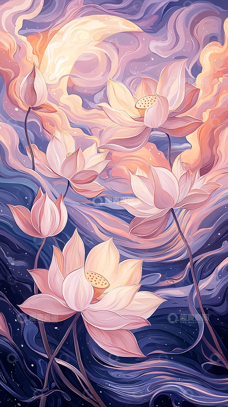 高清大图下载【趣麦麦图】梦幻莲花夜景背景图