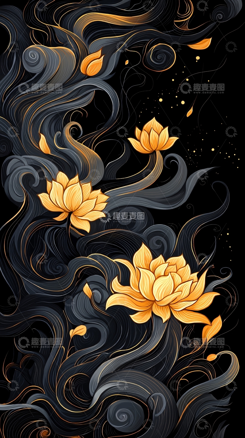 高清大图下载【趣麦麦图】金色莲花与黑色漩涡背景