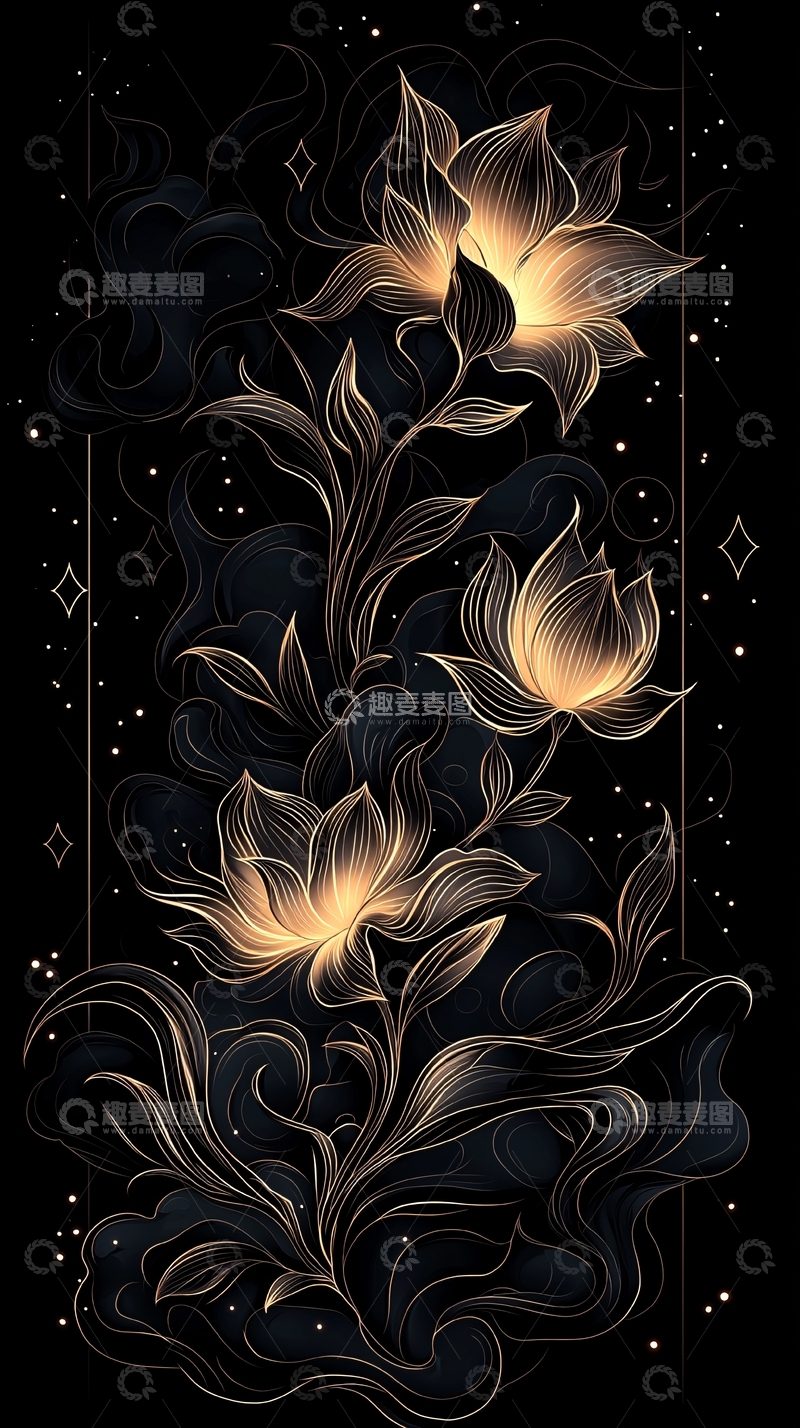 高清大图下载【趣麦麦图】金色莲花夜景插画