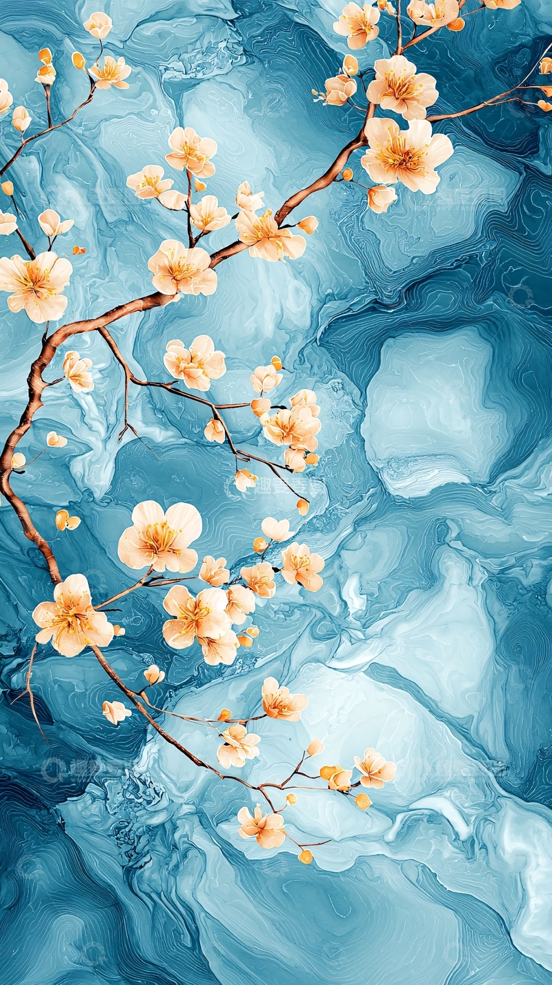 高清大图下载【趣麦麦图】蓝色抽象背景上的樱花树枝