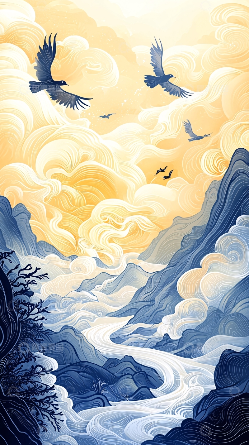 高清大图下载【趣麦麦图】云海山川飞鸟图