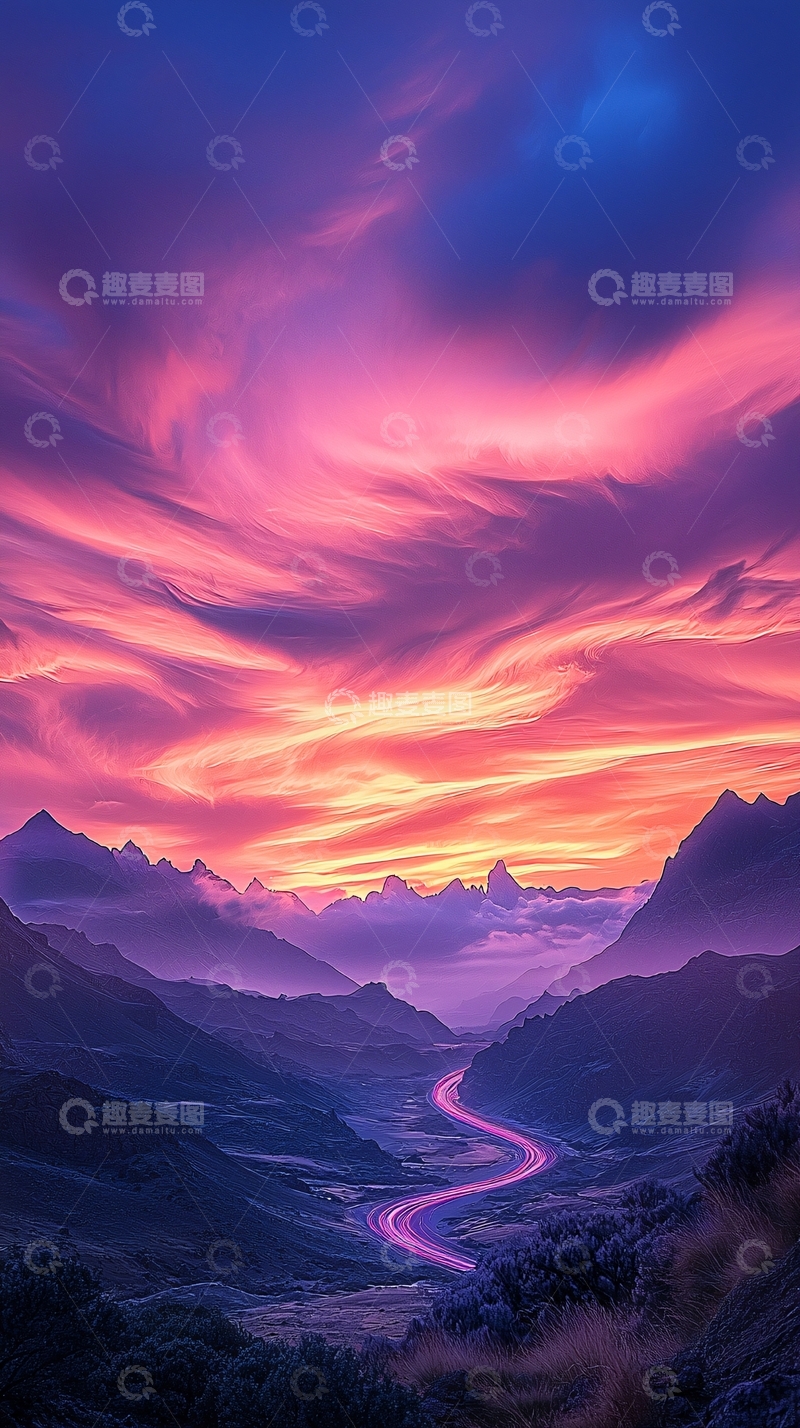 高清大图下载【趣麦麦图】梦幻山河夕阳风景