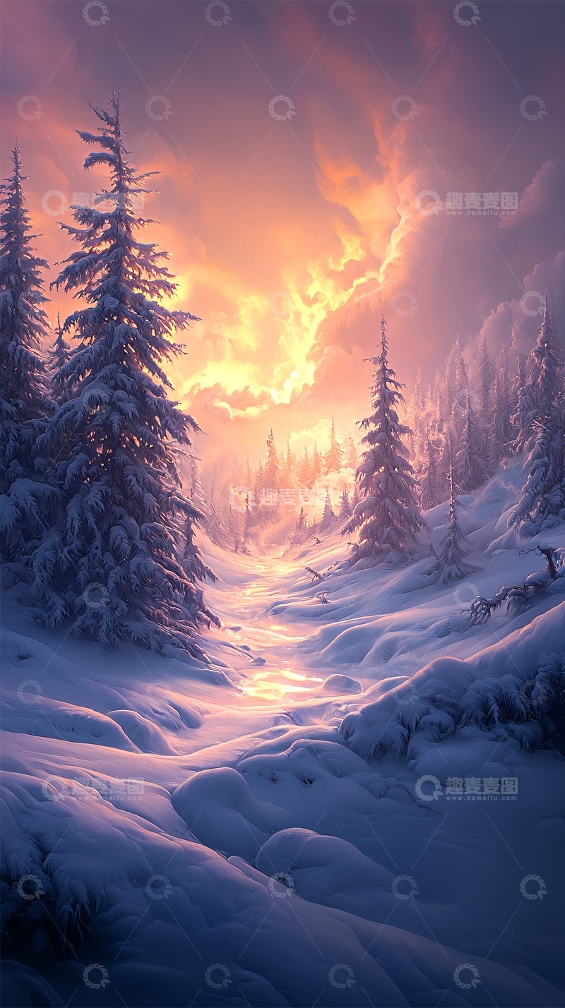 高清大图下载【趣麦麦图】冬日雪景夕阳照