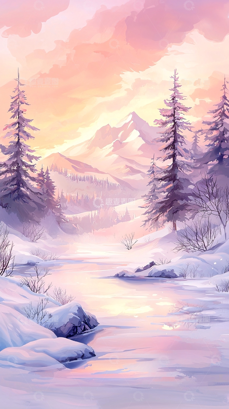 高清大图下载【趣麦麦图】冬日雪山风景插画