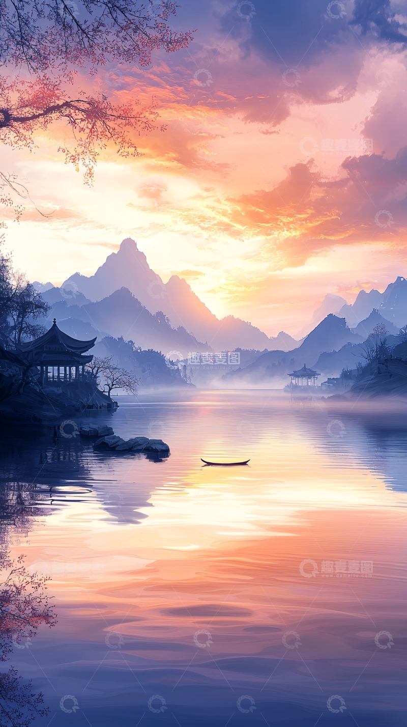 高清大图下载【趣麦麦图】秋日湖畔静谧山水图