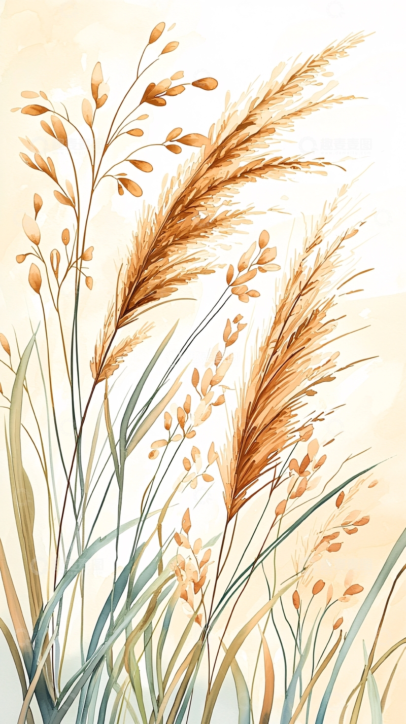高清大图下载【趣麦麦图】秋日芦苇水彩画背景图