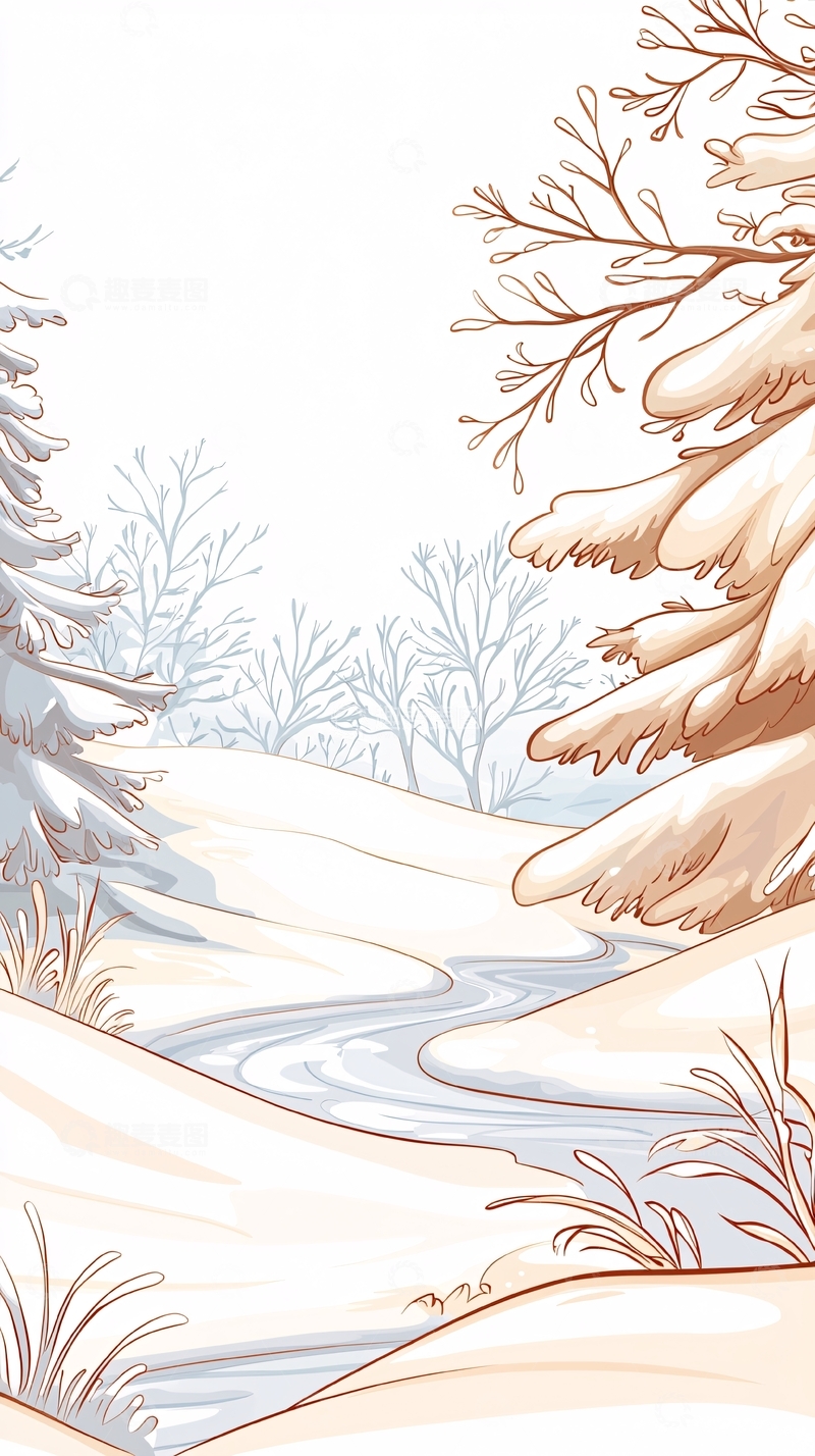 高清大图下载【趣麦麦图】冬日雪景河流树木插画