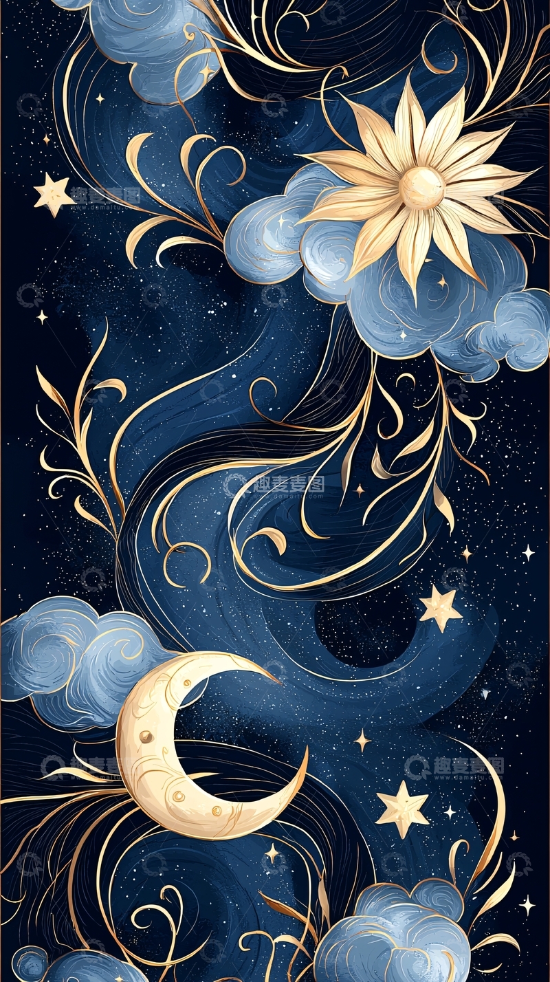 高清大图下载【趣麦麦图】梦幻夜空与月亮星辰插画