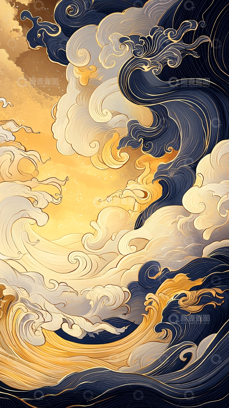 高清大图下载【趣麦麦图】金色波浪与云彩的艺术插画