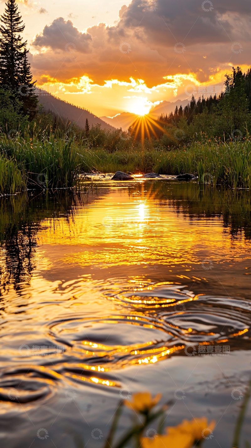 高清大图下载【趣麦麦图】夕阳下的宁静溪流